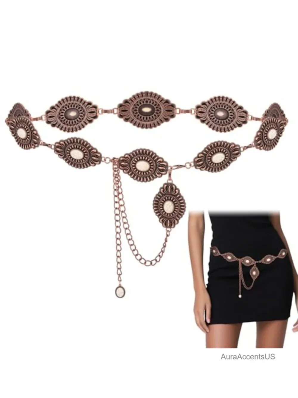 Women's Turquoise Concho Belt - Western Boho Metal Chain Belt